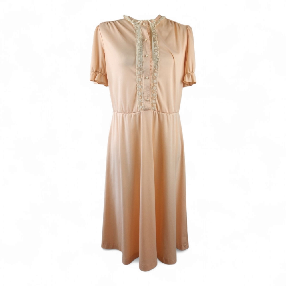 Vintage Peach Praire Coquette Midi Day Dress Size Medium Lace Bow Aline Cottage
